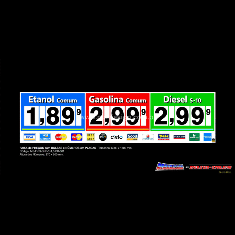 FAIXA de PREÇOS com BOLSAS e NÚMEROS em PLACAS.